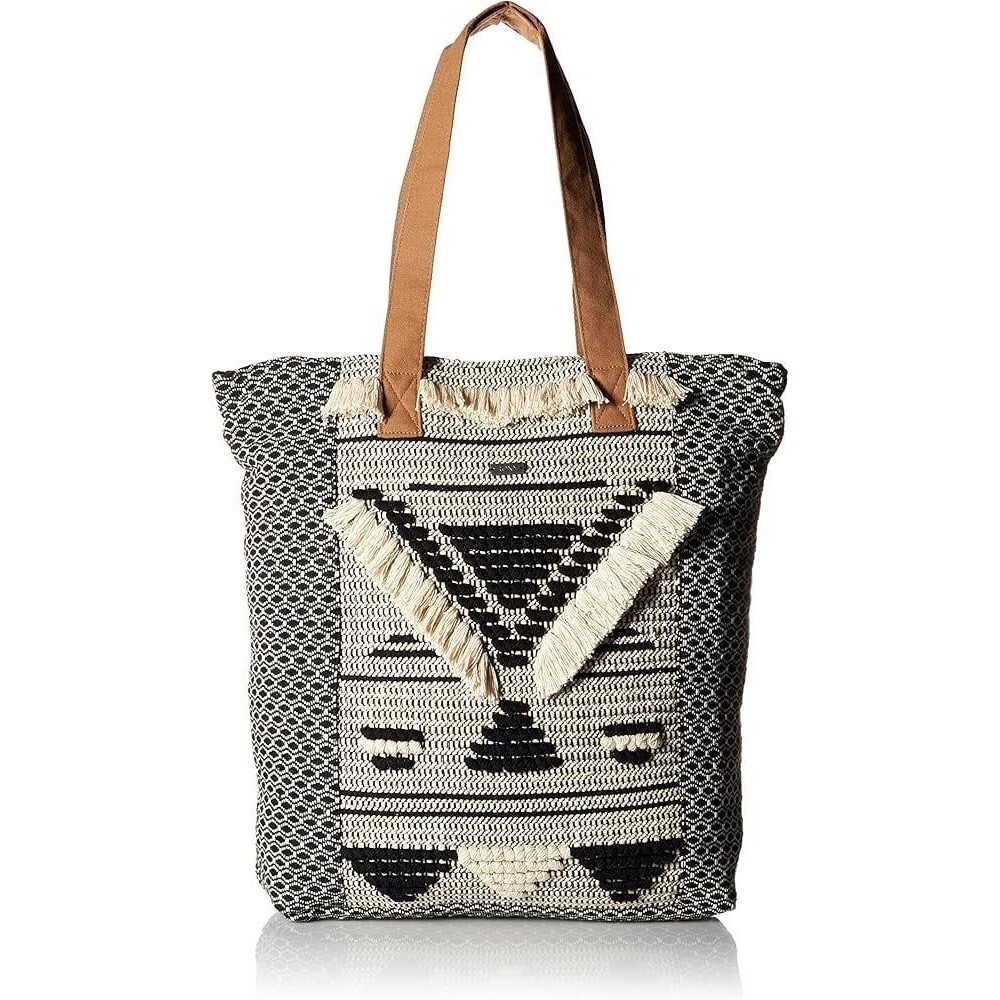 Roxy 100% Cotton Rama Cay Macrame Like Woven Fringe Zipper Closure Tote Bag